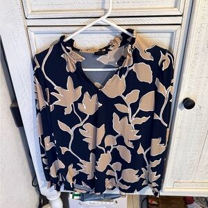 Ann Taylor Navy and Beige Leaf Print Blouse